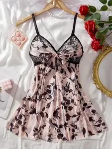 Women's Rose Print Contrast Piping Bow Ornament Lace Sheer Tulle Sleeveless Cami Nightdress, Ruched Backless Adjustable Strap Lace Hem Comfort Loungewear