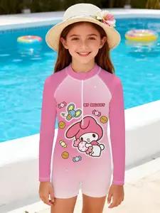 Girls' Sunscreen One-Piece Swimsuit "My Melody Sweet Fun Style" with pink-white gradient cartoon prints + long-sleeved zipper design, cute and sun-protective, perfect for creating a vibrant atmosphere at summer swimming pools or seaside for water play~