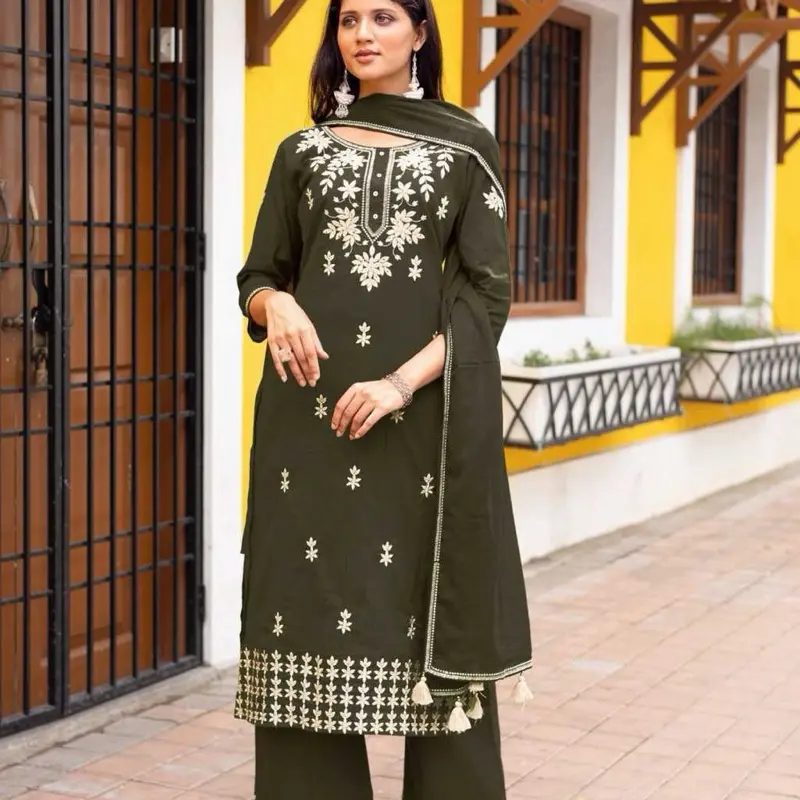 Olive Pure Cotton Regular Hand & Threadwork Kurta With Trousers & Dupatta