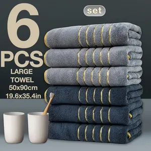 6-Piece Gold Trimmed Towels Set, Quick-Dry Absorbent Microfiber, Modern Bathroom Essentials for Home, Hotel, School Use, Absorbent Thickened Towels