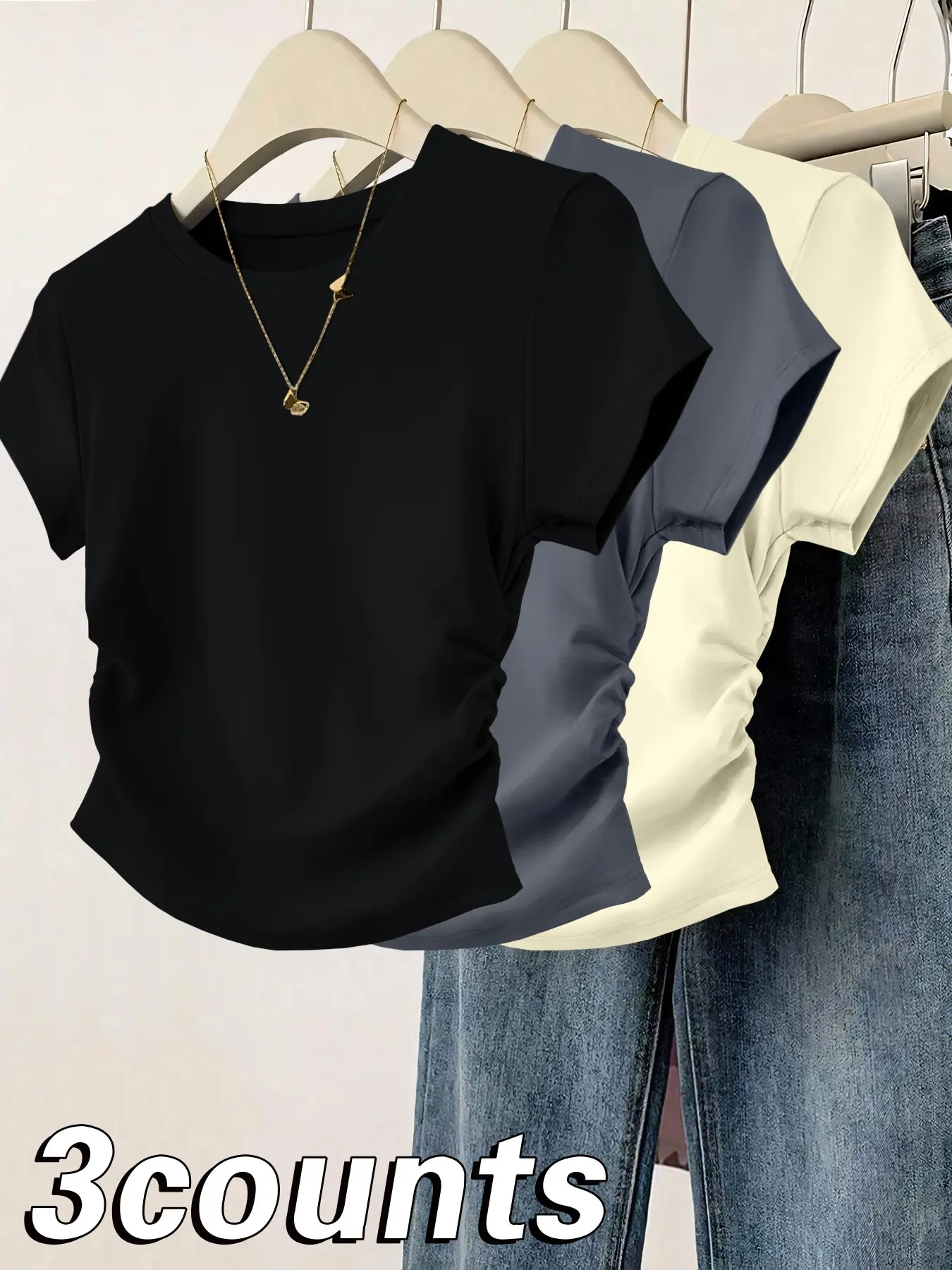 Women's Solid Color Short Sleeve Ruched 3 Pieces Summer T-shirt Casual Lightweight Round Neck Daily Commuter Casual T-shirt, TikTok Trending T-shirt, Comfortable Fabric, Slim, Fitted, Top, Casual Summer Tee