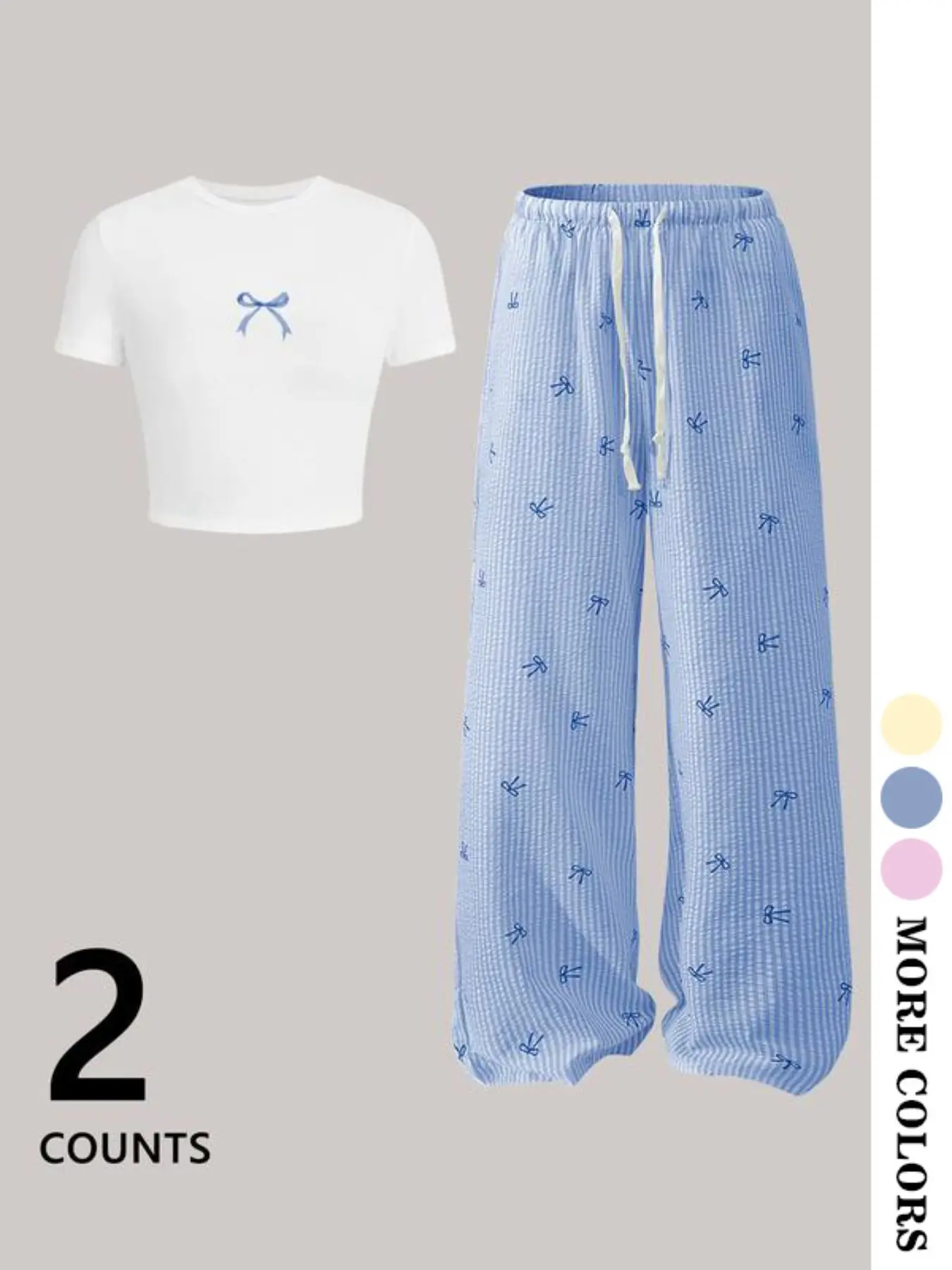 Women's Solid Short Sleeve Round Neck T-Shirt and Bow Long Pants Pajama Loungewear Set, Comfortable Sleepwear, Casual Home, Womenswear, Loungewear Pjs Set, PJ Pants Set