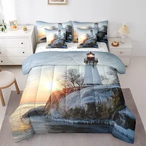 Lighthouse 7 Piece Comforter Set,Nature Winter Bed in A Bag with Sheets Coastal Bedding Set for Kids Teen Adults Nautical Bed Set with Comforter and Sheets Reversible