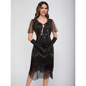 Sequin Tassel Gown 1920s European and American Retro Gatsby Ball Beaded Short Sleeve Dress