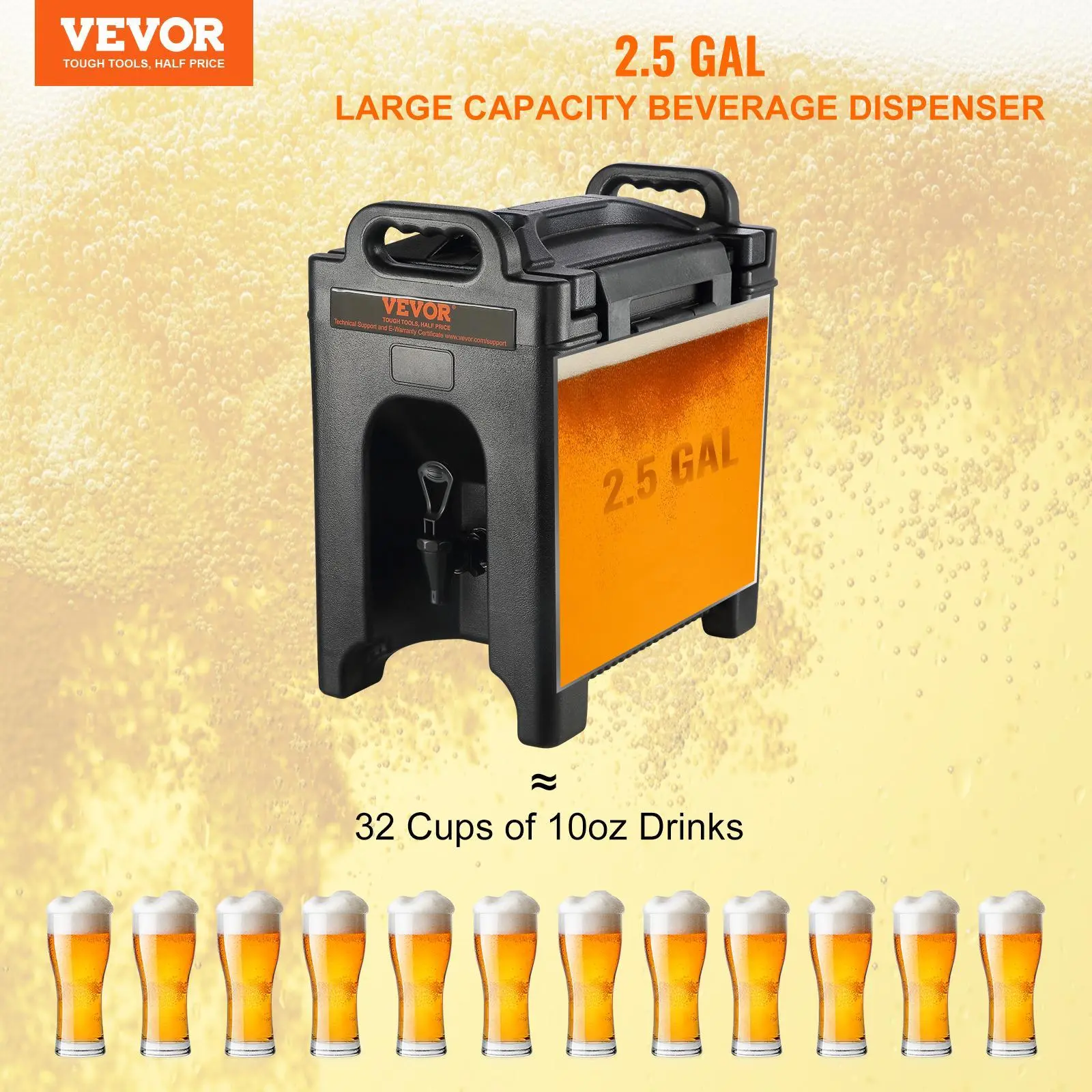 VEVOR Insulated Beverage Dispenser,  2.5 Gallon, Food-grade LDPE Hot and Cold Beverage Server, Thermal Drink Dispenser Cooler with 0.9 in PU Layer Two-Stage Faucet Handle, for Restaurant Drink Shop#BackToSchool