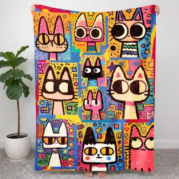 Colorful Graffiti Cat Patchwork Blanket - Digital Print Pop Art Kitten Flannel Throw, Soft Comfy Multi-Size Home & Travel Bedding, Patchwork Look Living Room Dopamine Decor, Living Room Decor, Kitty Vibes