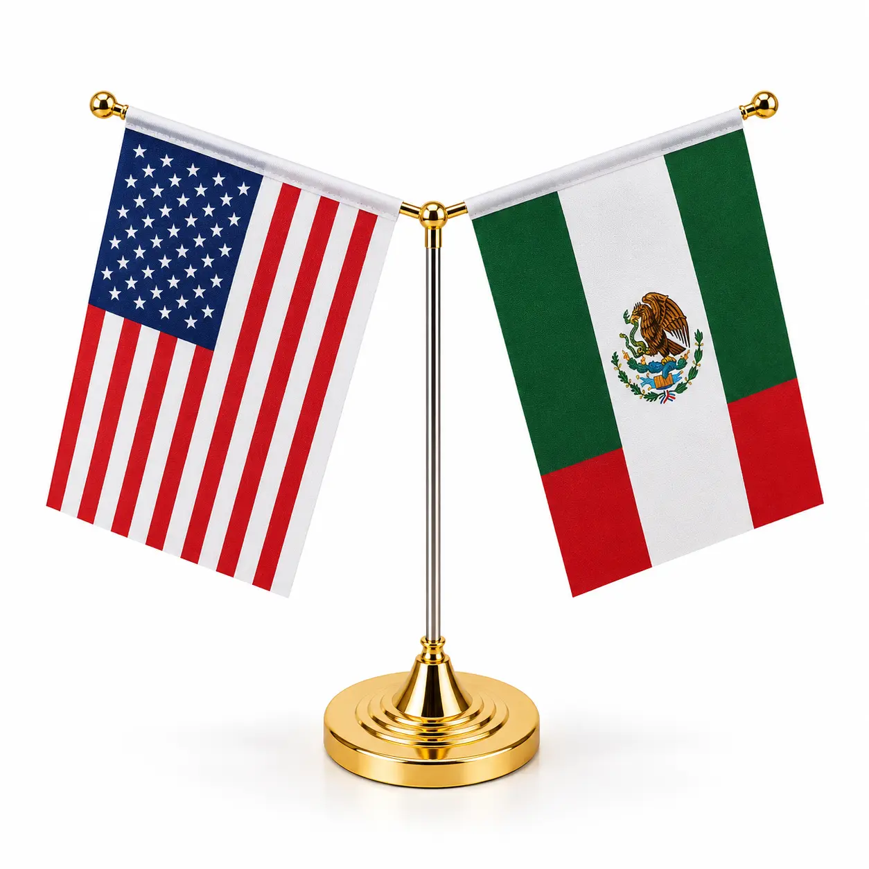 Mini USA-Mexico Dual Flag Desk Stand with Gold Metal Base, Home Office Classroom Decor (Home Supplies, Statues & Figurines Accessory)