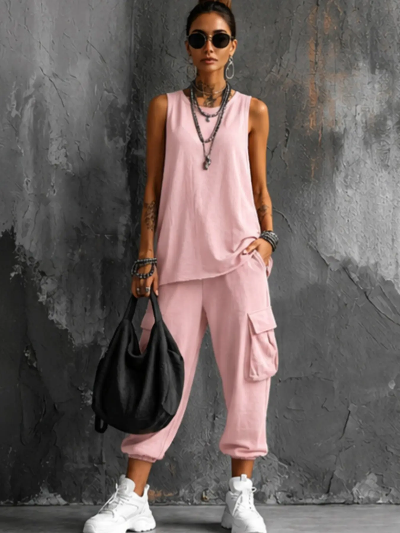 Women’s 2 Piece Lounge Set, Sleeveless Tank Top & Cargo Jogger Pants, Casual Matching, Comfortable and Stylish Home Wear