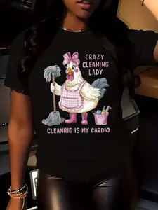 Funny Female Cleaning Theme T-Shirt| "Crazy Cleaning Lady" Graphic Top - Soft Stretch Crew Neck Shirt - Casual Everyday Wear - Sizes S-XXL - Machine Washable Fabric, Suitable for All Seasons, Fun Design