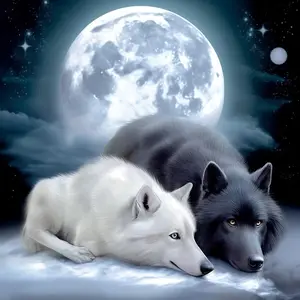 Moon Black And White Wolf Oil Painting Wall Decor - Inspirational Wall Art, Canvas Poster  Frameless - For Bedroom & Living Room - Ideal Gift for Eid Al-Adha Mubarak Home Decoration Photo Ornaments Artistic Print