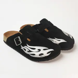 Men's Backless Suede Mules Flame Embroidery Cork Footbed Casual Daily Clogs