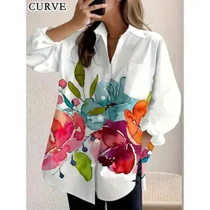 Plus Size Women's Floral Shirt Button Up Long Sleeved Collar Shirt with Pocket Casual Top