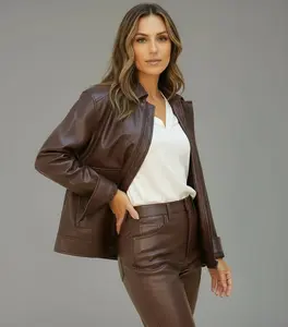 Women's Chic Fitted Bordeaux Denim-Infused Leather Jacket, Long-Sleeves Street Coat - Matching Straight Pants Stylish Statement Piece for Women's Clothes