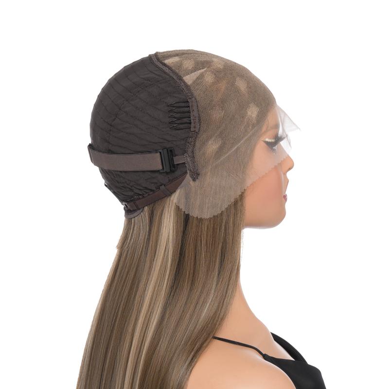 29-Inch Olive Brown (Ash Blonde Streak Highlights) Barely Wavy Futura Futura Synthetic Wig | 【Free-part Lace】【Heat Resistant】【Cap Included】 | FSGA