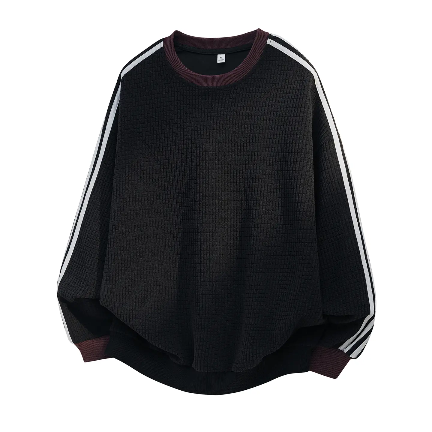 Waffle Knit Crewneck Sweatshirt for Men, Striped Long Sleeve Oversized Pullover, Casual Loose Fit Streetwear Top