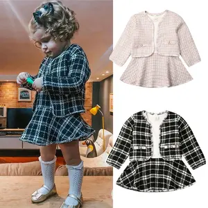 Meihuida 2PCS Infant Baby Girl Long Sleeve Cardigan + Long Sleeve Patchwork Dress Plaid Clothes Set