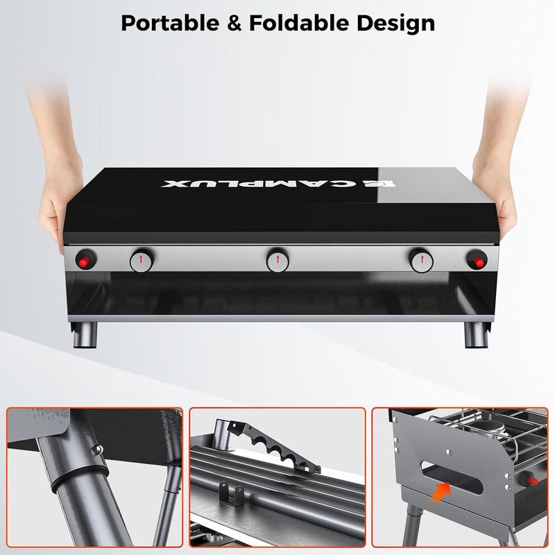 CAMPLUX PROPANE CAMPING STOVE 2 BURNERS & 1 GRILL, 15,000 BTU AUTO-IGNITION, BLACK