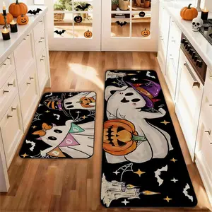 Set of 2Halloween Kitchen Mats, Bat Broom Ghost Design, Non-Slip Low Height, Party Floor Mat Home Kitchen Decoration