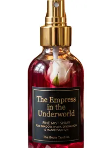 The Empress in the Underworld Fine Aura Mist Spray - 4oz Clear Glass Bottle with Gold Sprayer & Rose Quartz Chips for Energetic Clearing