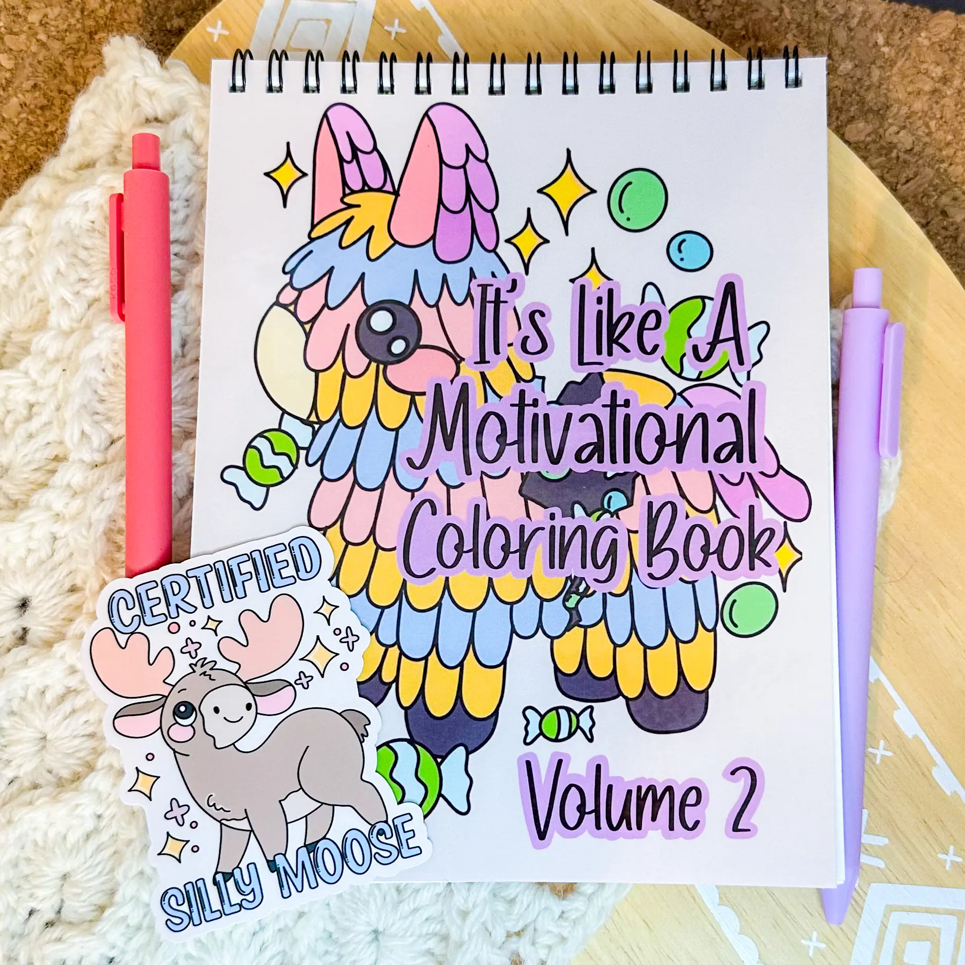 Volume 2 It's Like A Motivational Coloring Book - 8x10in - Adult Coloring Book with 2.5in Silly Moose Sticker, Top Bound Spiral, Handmade in Orlando, Florida