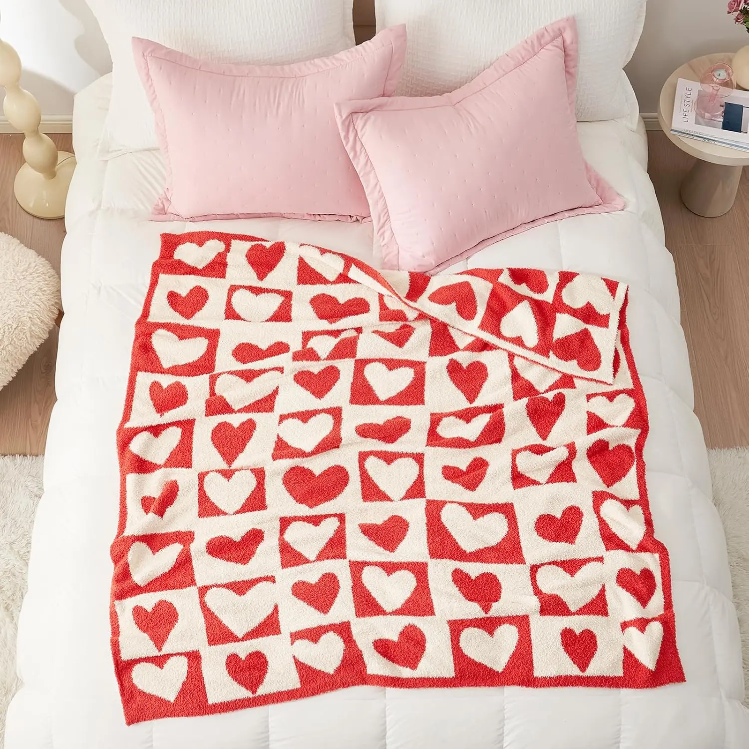 Snuggle Sac Valentine's Day Checkerboard Throw Blanket - Red Geometric Super Soft Microfiber Heart Flannel, Wrinkle/Fade/Stain-Resistant, Customizable 50x60in Durable Machine-Washable Blanket for Couch