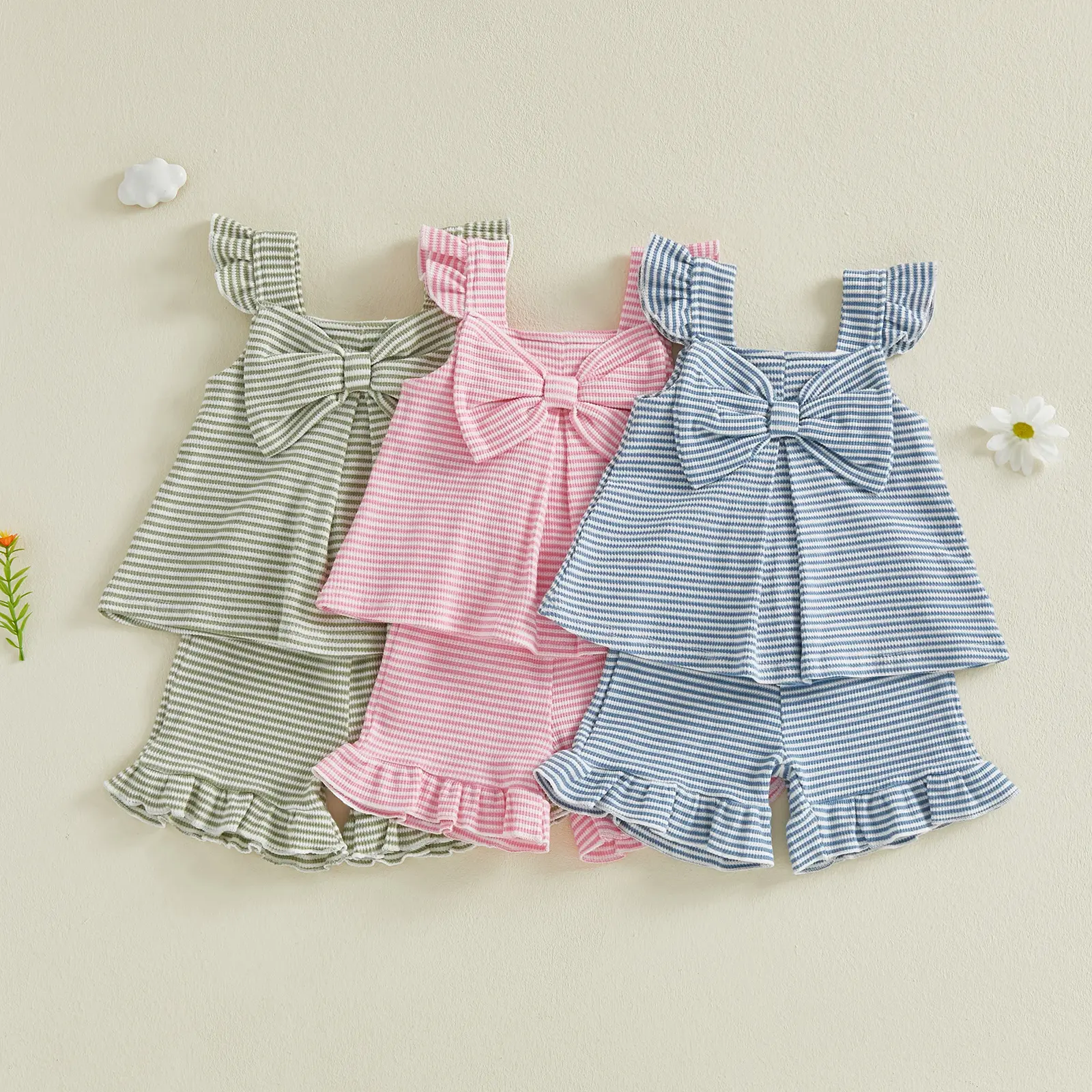 [Lullaby] Kids Girls Shorts Set, Striped Fly Sleeve Bow Camisole with Shorts Summer 2-piece Outfit
