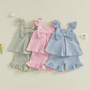[Lullaby] Kids Girls Shorts Set, Striped Fly Sleeve Bow Camisole with Shorts Summer 2-piece Outfit