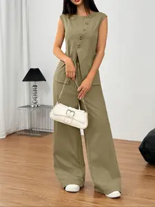 Elegant Casual Style Sleeveless Two-Piece Set, Round Neck Top with Slit Hem and Button Decor, Wide Leg Pants with Faux Drawstring Waist, Womenswear, Fit