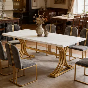 63" Rectangular Dining Table for 4-6, Faux Marble Top & Stylish Metal Legs, White and Gold Kitchen Dinner Table for Dining Room