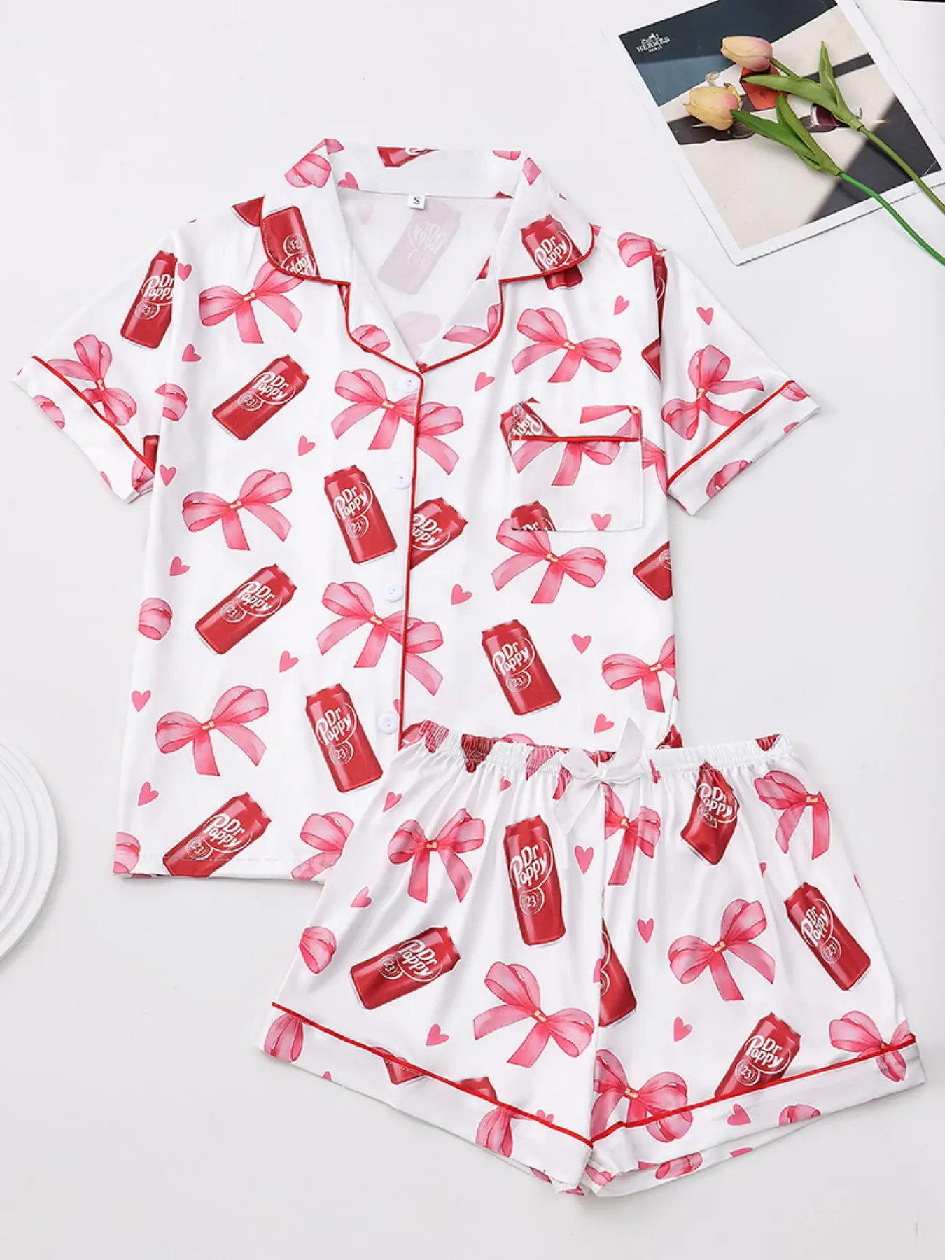 Women's Elegant Soft Fabric Short Sleeve Dr Pepper Print Collared Sleepwear Loungewear Set, Comfortable Lapel Top & Shorts Pajama Set, Pjs, Matching Pj Set, Pajama Nightwear, Lounge Pajama Style, Comfy Pajama Sets