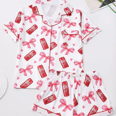 Women's Short Sleeve Pajama Set, Cartoon Print, Soft Fabric, Elegant Comfortable Top and Wide Leg Shorts, All Seasons Casual Wear