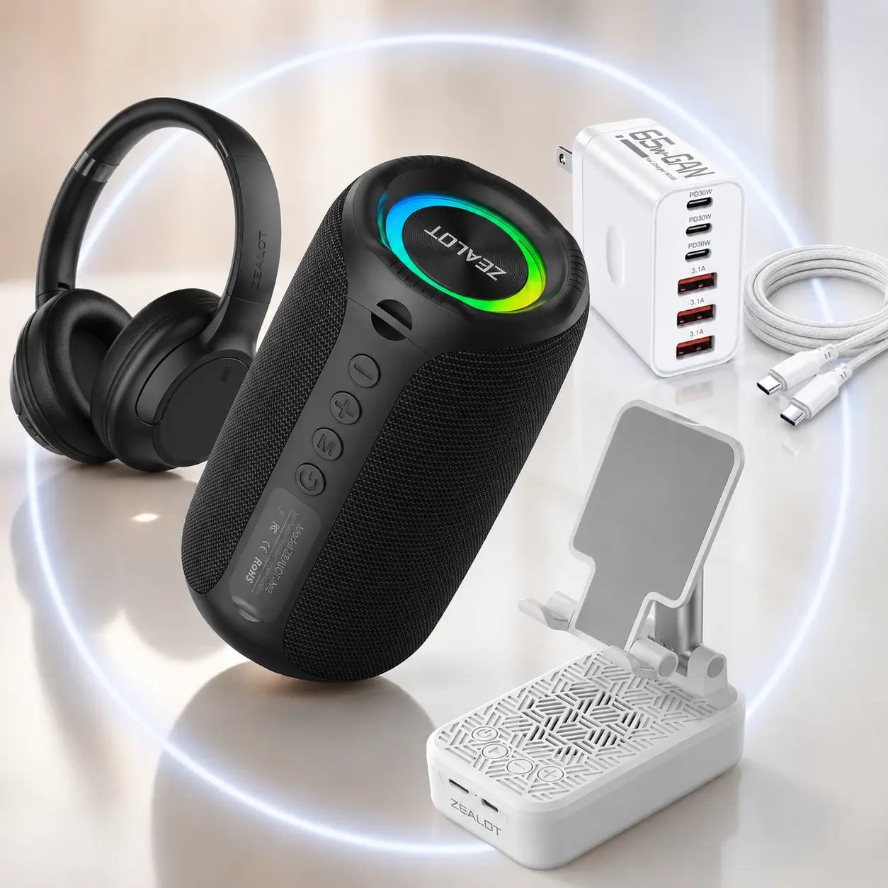 **ZEALOT M2 Ultimate Audio Bundle – M2 Bluetooth Speaker, Z7 Phone Stand Speaker, B39 Wireless Headphones & 65W Charger**
