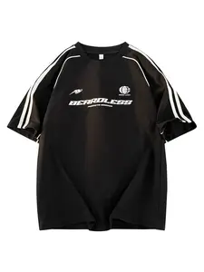 Retro Sport Striped T-Shirt, Oversized Raglan Sleeve, Letter Print, Men's Summer Casual Top, active lifestyle, trendy style, wardrobe staple, everyday wear, essential piece, must have item, wardrobe essential