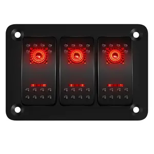 3 Gang Rocker Switch Panel 12V Marine Waterproof Red LED Light 5 Pin ON/Off Rocker Toggle Switch Panel Pre-Wired for Boat Automotive Car