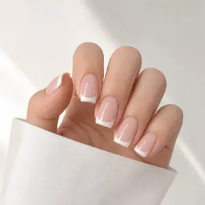 Short Square French Tip Press On Nails – Nude Pink Glossy Reusable Fake Nails, 24Pcs Nail Kit for Everyday & Office Manicure