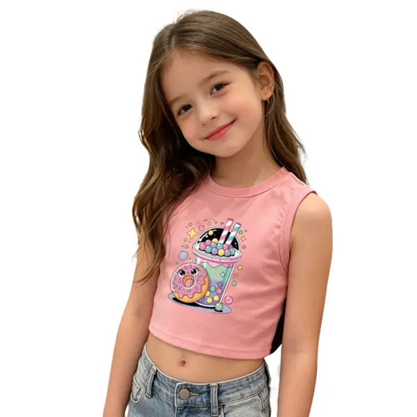 Girls' Sweet Pattern Sleeveless Vest - Milk Tea, Donut & Star Cartoon Graphics, Kids Graphic Girls' Vests, Perfect Summer Top, Cartoon Graphic Girls' Vests