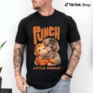 PUNCH LITTLE MONKEY, Cute Baby Monkey Hugging Plush Toy Graphic T Shirt Funny Animal Lover Kids Unisex Gift