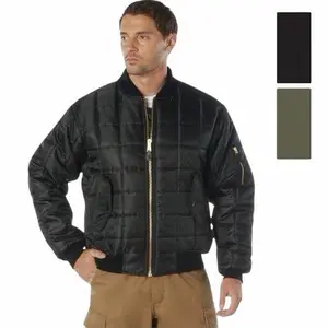 ROTHCO Men's Quilted MA-1 Puffer Flight Bomber Jacket - Longsleeves, Plain Nylon Shell, Waterproof, Water-Repellent, Utility, Ribbed Waistband, Zippers, Pockets, Soft Knit Leather Accents, Casual Polyester Coat (Colors: Black, Sage Green)