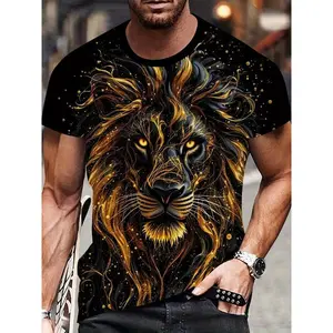 Men's Plus Size 3D Lion Print T-Shirt, Bold Gold Animal Print Short Sleeve Round Neck Tee, Digital Heat Transfer Technology