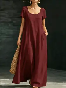 Summer Vacation Style New Arrival Dress, Elegant Minimalist Soft Tone U-Neck Loose Short Sleeve A-Line Dress, Fashionable and Comfortable