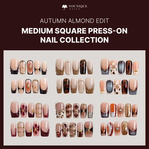 Younique Nails SQUARE COLLECTION Handmade Reusable Acrylic Luxury Fake Press On Press-On Salon Quality Set Week Wear BIRTHDAY NUDE Kit Glossy Tip Short Sea Blue Floral Detail Pink Base French Design Gold Rhinestone Mixed Different Size Holiday Gift