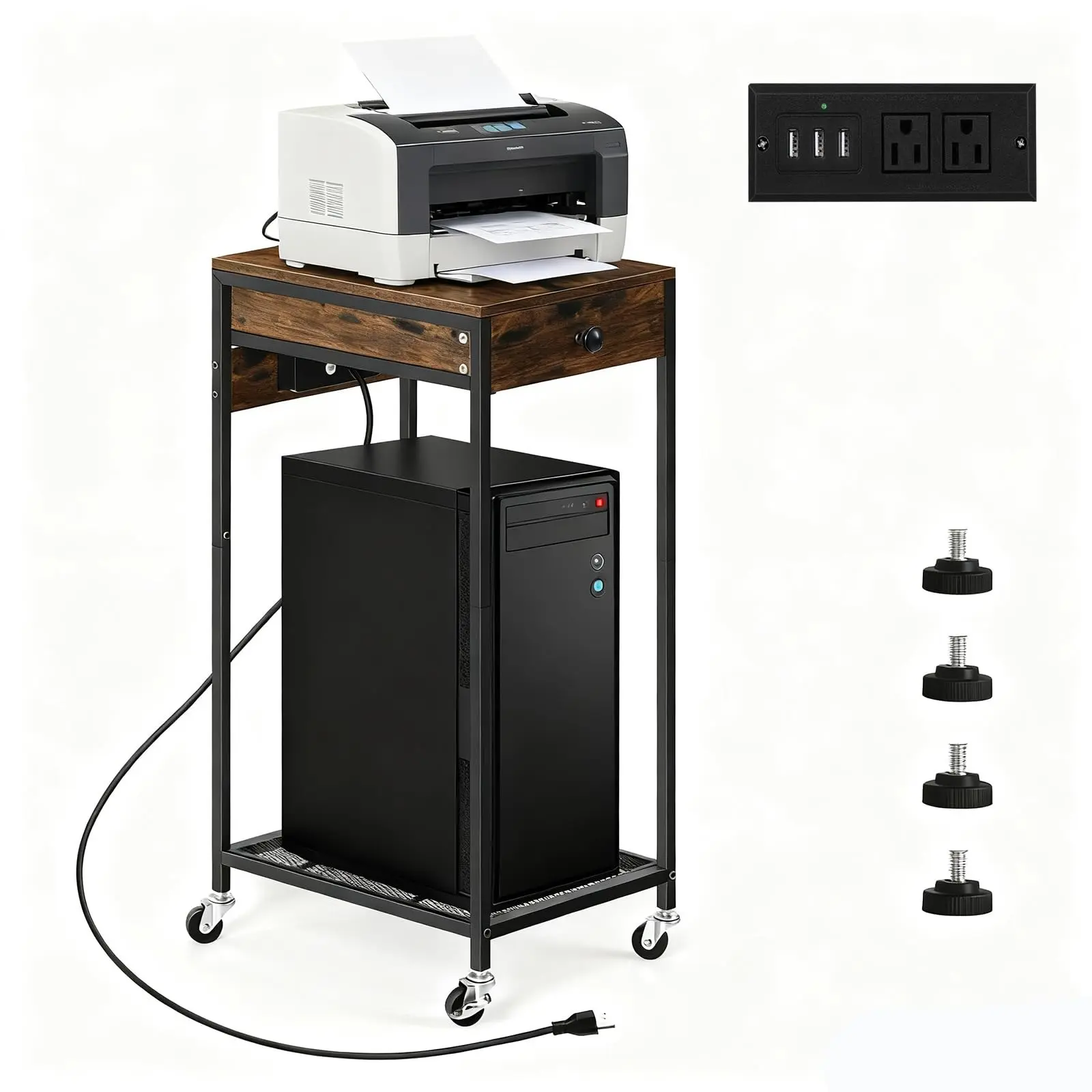 Rectangular Functional Multi-Use Printer Stand with Storage Drawer, Charging Station, Wheels - Home Office Organizer for Office Setup, Fits PCs, Computer Tower, Label Maker, Shredder (1 Unit)