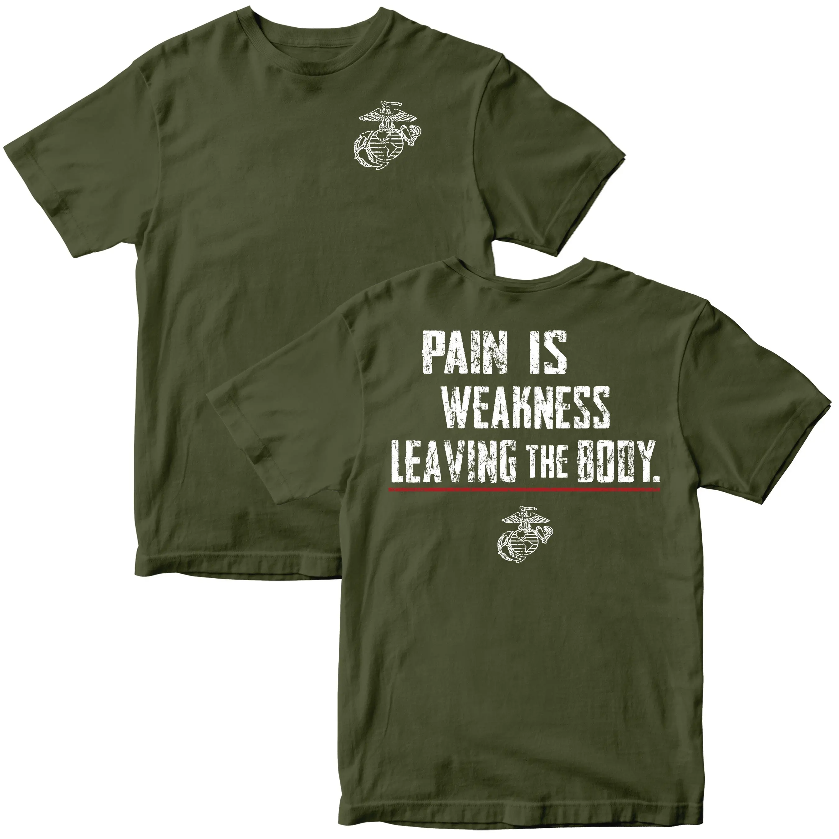 Men's Fitted Short-Sleeve Casual Soft 100% Cotton USMC Motivational "Pain Is Weakness" Patriotic Military Graphic T-Shirt, Menswear Veteran Pride Apparel Made in USA