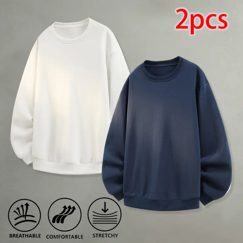 Two basic solid white sweatshirts—highly elastic, comfortable, and breathable crewneck pullover tops with long sleeves, suitable for workouts, jogging, home wear, outdoor walks, and casual outings.
