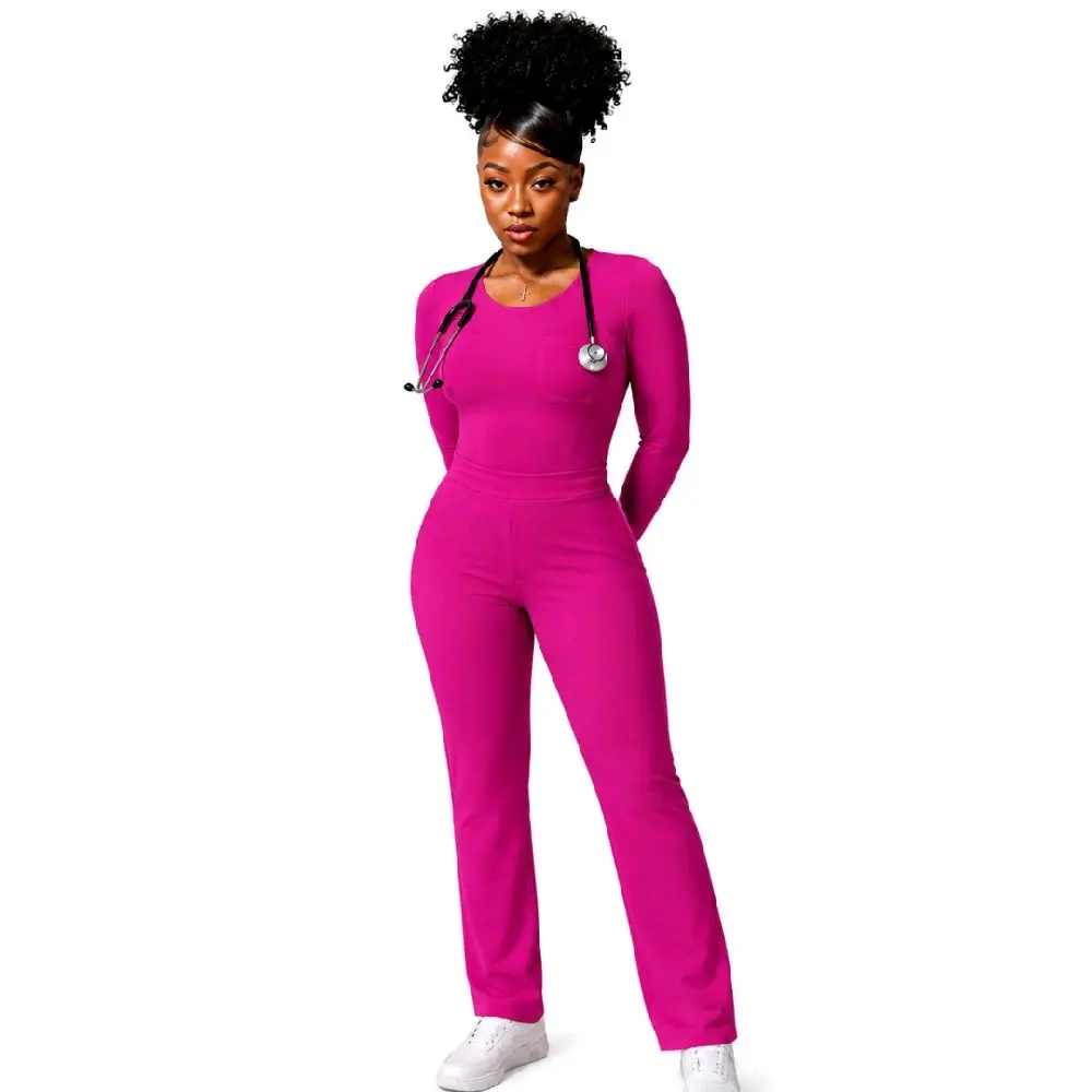 Heart Align Women's Performance Yoga Scrub Set - Hot Pink, 4-Way Stretch, Long Sleeve, 8 Pockets, Ultra Soft & Wrinkle-Resistant, Sizes XS-3X