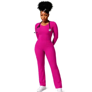 Heart Align Women's Performance Yoga Scrub Set - Hot Pink, 4-Way Stretch, Long Sleeve, 8 Pockets, Ultra Soft & Wrinkle-Resistant, Sizes XS-3X