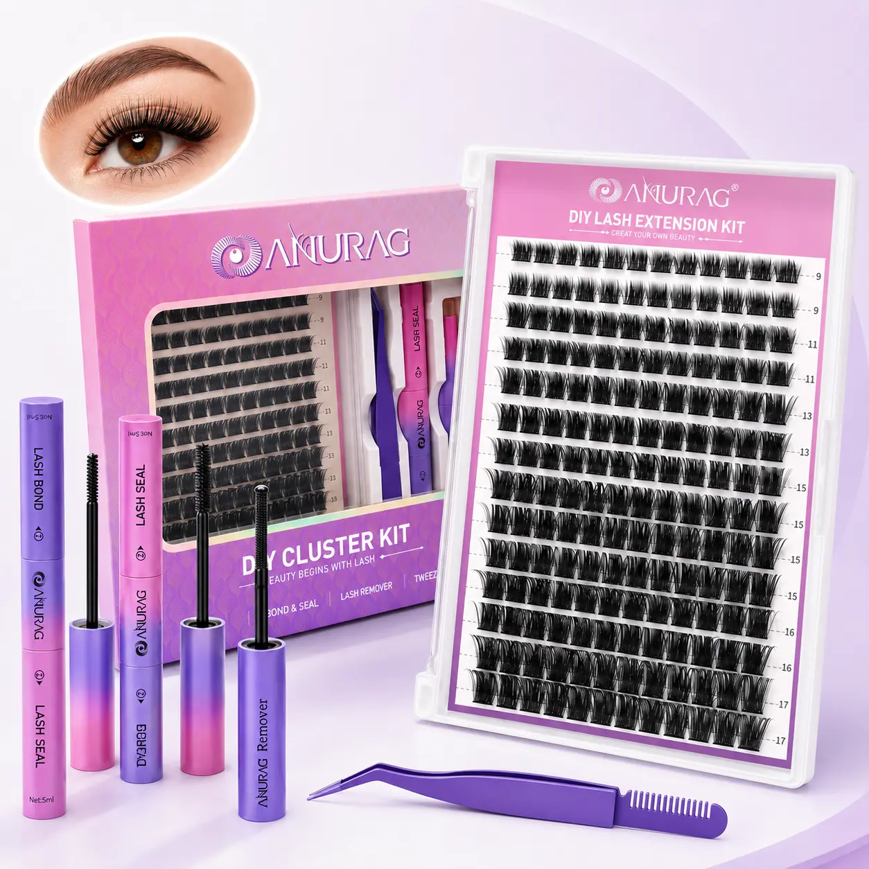 DIY Lash Extension Kit for Beginners, Natural Individual Lash Clusters with Mixed Lengths, Lash Bond and Seal, Remover and Tweezers, Complete At-Home Eyelash Set