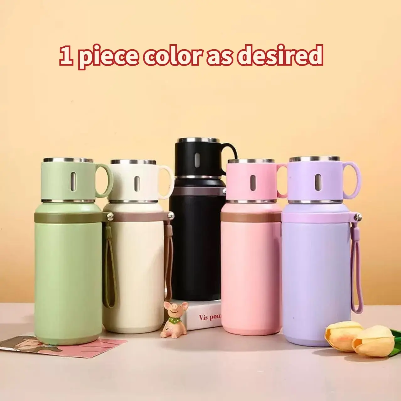600ML Stainless Steel Insulated Leak Proof Water Bottle with Rope, Dual Function Coffee Cup Mug, Portable Outdoor Thermal Flask for Camping, Cycling, Home, Office, Thermos Coffee Travel Mug, Insulated Drinkware
