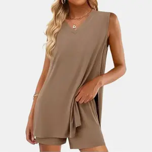 PrettyGarden V Neck Sleeveless 2 Piece Lounge Sets Women's Summer Long Tank Tops High Waisted Shorts Loose Fit Matching Outfits
