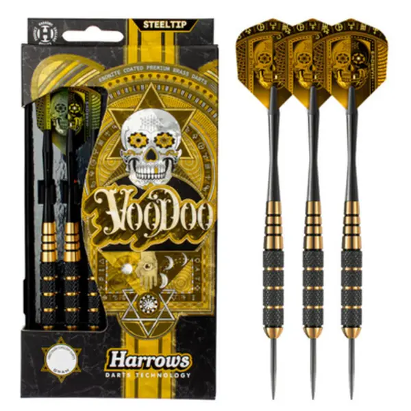 Harrows Darts Voodoo Steel Darts Tips Set - Aerodynamic Design, Black Knurled Barrel, Marathon Gold Finish, Nylon Shafts, Optimized Flight Performance, Darts Sets